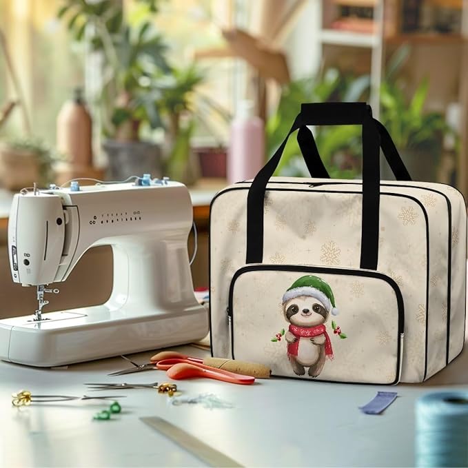 Sewing Machine Storage Bag Large Capacity Appliance Dust Bag Universal Versatile Travel Tote Bag Portable Sewing Machine Organizer Bag, Sloth Holly Santa Hat Scarf Snowflake Beige - Image 4