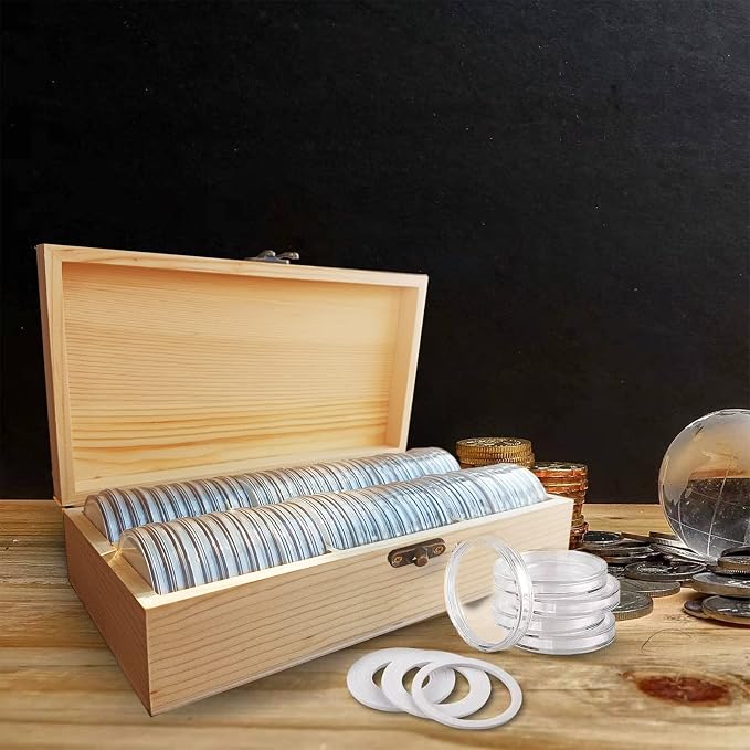 20-46 mm Wooden Coin Holder, 60 Pcs Highly Transparent Capsules With Foam Gasket, Collector Case, Professional Storage Box for Collection (Wood Color) - Image 2