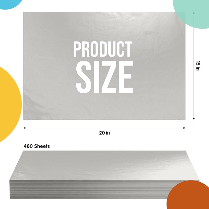 Party Solids Silver Tissue Paper for Gift Bags - 15" X 20" Bulk Tissue Paper Silver 480 Sheets - 10lb Newsprint for Packing, Birthday Gift Box Filler, Packing Supplies for Moving Supplies - Image 2