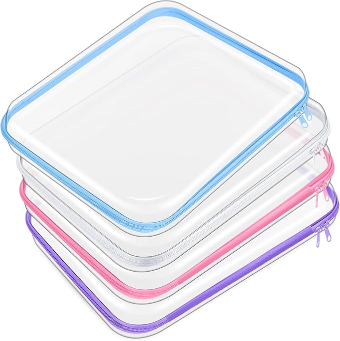 4 Pcs Hard Clear Zipper Case Makeup Bags Plastic Zipper Pouch Transparent Storage Box Containers for Cosmetics, Snacks, Building Blocks, Puzzles(Clear,13.8 x 11.8 x 2 in,Multicolor) by Hoolerry
