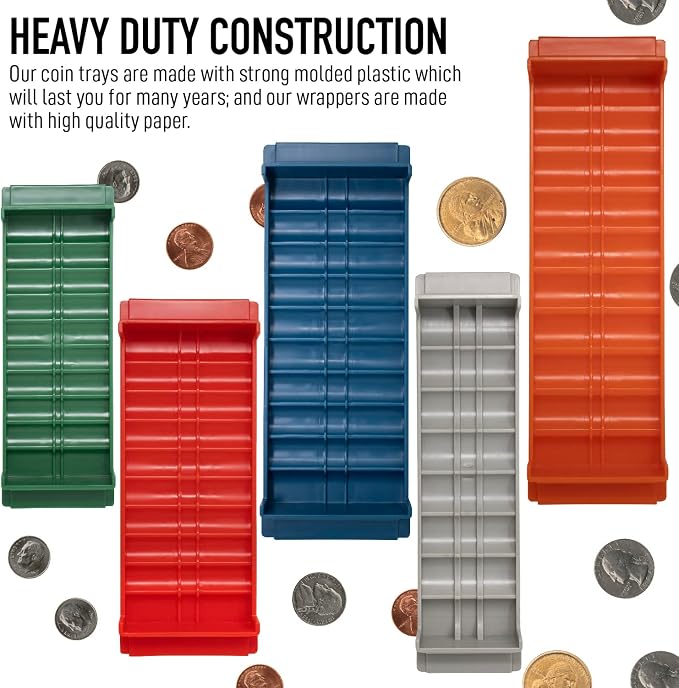 Nadex Rolled Coin Storage Organizer Tray Set with Ridges for Loose Coins | Quarters, Dimes, Nickles, and Penny Color Coded Trays - Image 5