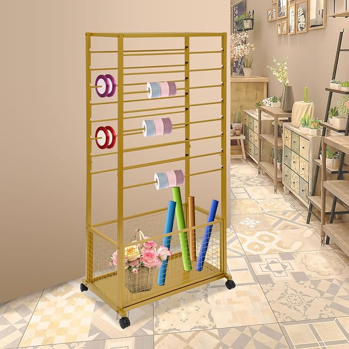 16 Tier Ribbon Holder Organizer Rack for Craft Room, Ribbon Display Stand with Lockable Wheels, Multifunctional Ribbon Storage Flower Gift Wrap Organizer for Flower Shop, Cake Shop (Gold) - Image 7