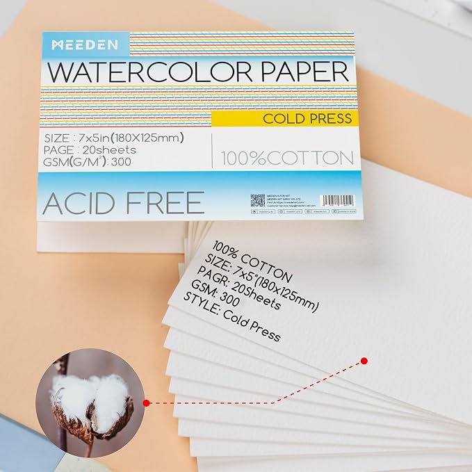MEEDEN Cotton Watercolor Paper Block: 5" x 7" Cold Pressed of 20 Sheets | 140lb/300gsm 100% Cotton Watercolor Paper Pad, Acid-free Art Paper for Painting, Drawing, Watercolor, Gouache, Ink and More - Image 2