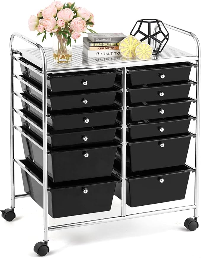 DREAMADE Rolling Cart with Storage Drawers, Utility Cart with Removable Plastic Drawers, Lockable Wheels, Art Cart for Classroom Organization Art Supplies Office Scrapbook (12 Drawers, Black) by DREAMADE