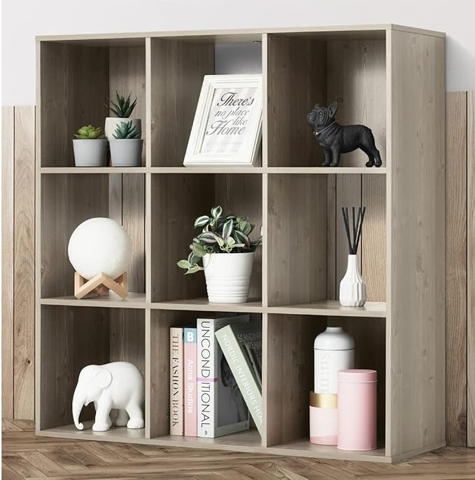 Fencer Wire 11-Inch Cube Storage Organizer Shelf w/Back, with Exterior Edge, Room Storage Shelves Divider, Bookcase, 9-Cube, Rustic Grey Oak
