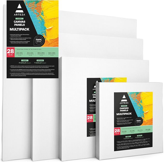 ARTEZA Canvas Boards for Painting, 6 x 6, 8 x 8, 10 x 10, 12 x 12 Inches, Multipack of 28, Blank White Canvas for Acrylic, Oil and Gouache Painting by ARTEZA