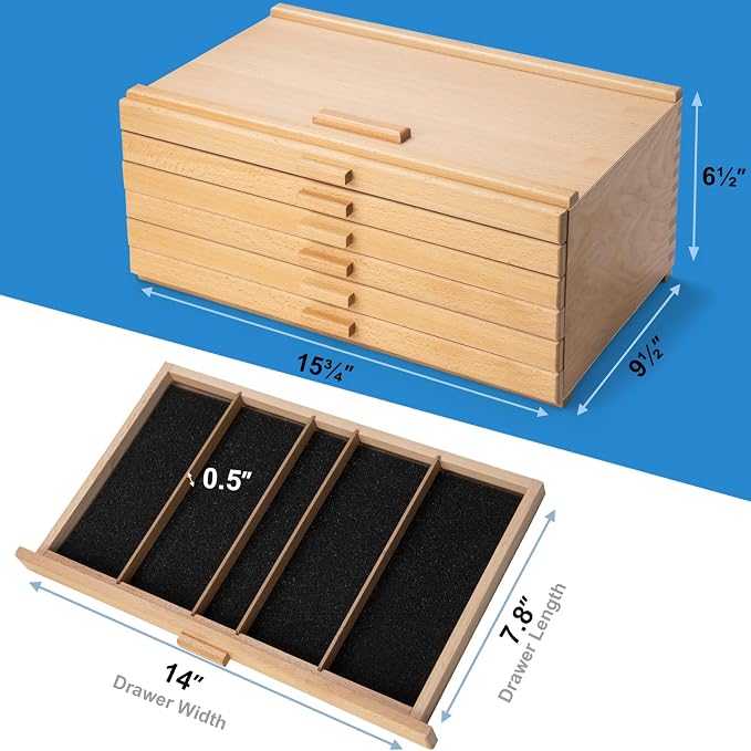 Wooden Pastel Storage Box With 6 Removable Drawers | Artist Supply Storage Box, Portable Organizer Box for Pencils, Markers, Brushes and Painting Tools - Image 2