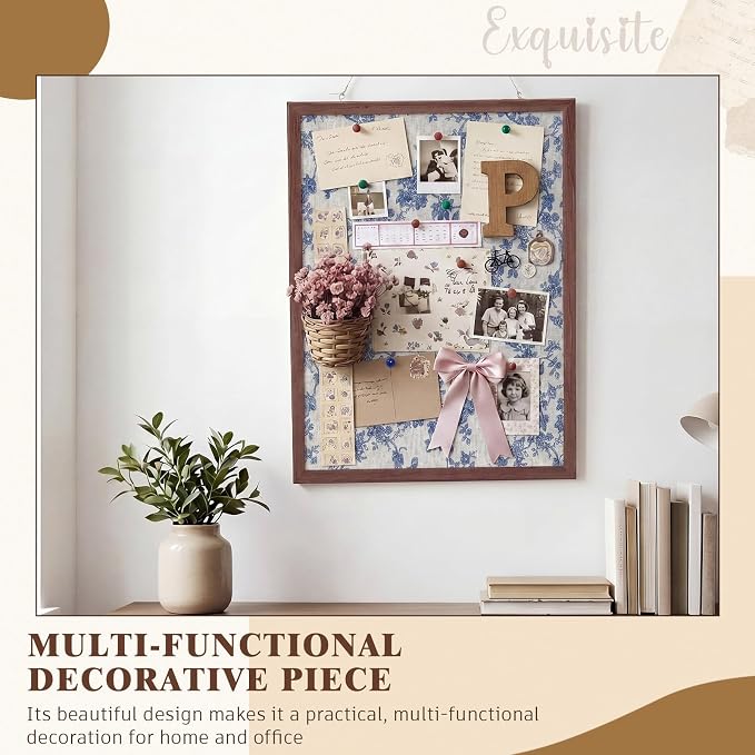 Leinuosen 17" x 23" Linen Cork Board for Walls Decorative Blue Rose Cork Boards Wood Framed Bulletin Boards, Picture Display Vision Pin Corkboards for Farmhouse Home Room Office Cottagecore Decor - Image 5