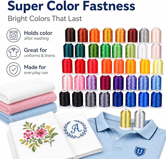Simthread 42 Colors 550Yds 40WT Polyester Embroidery Thread Set | 42-color set with 550Yds spools includes 40WT polyester plus gold and silver metallic thread for embroidery and sewing. - Image 5