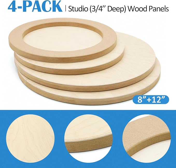 4 Pack 8'' &12'' Unfinished Round Birch Wood Panels | Studio 3/4’’ Deep Wood Canvas, Cradle Boards for Painting, Pouring, Burning, Crafts, Epoxy Resin, Laser Engraving Cutting - Image 5