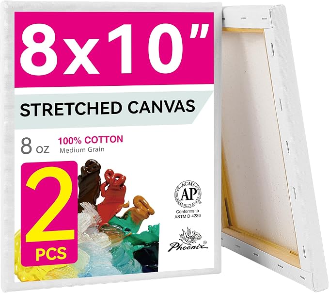 PHOENIX 8x10 Inch Pack of 2 Canvas - Stretched Canvases for Painting, 8 Oz Triple Primed 5/8 Inch Profile 100% Cotton White Blank Framed Canvas for Oil Acrylic & Pouring Art by PHOENIX