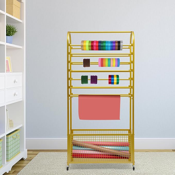Ribbon Holder Organizer Rack, 15-Layer Ribbon Holder with Wheels | Double-Sided 15-Layer Ribbon Holder with Wheels, Wrapping Paper Ribbon Display Rack Storage Shelf for Craft Room - Image 2