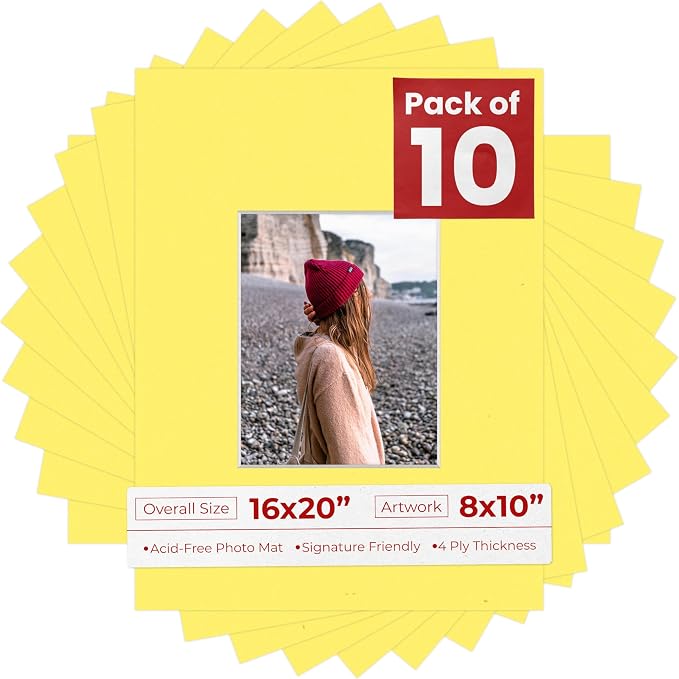 8x10 Mat for 16x20 Frame - Precut Mat Board Acid-Free Yellow 8x10 Photo Matte Made to Fit a 16x20 Picture Frame, Premium Matboard for Family Photos, Show Kits, Art, Picture Framing, Pack of 10 Mats by PosterPalooza