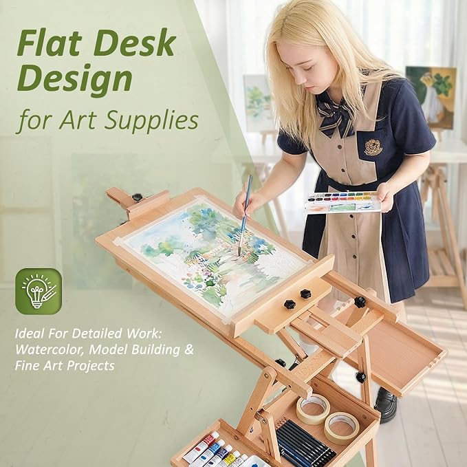Multi-Function Beech Wood Art Easel for Painting, Flat Desk Easel Stand | Foldable & Adjustable Paint Easel Standing, H-frame Wooden Painting Easel Stand with Storage Box for Adults Artist Studio - Image 4