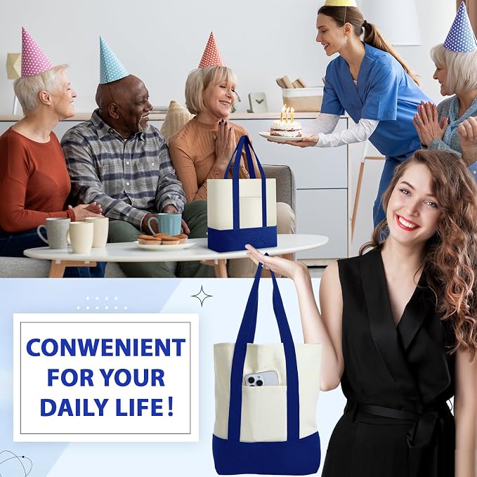 Sanwuta 12 Pcs Mini Canvas Tote Bags Bulk with Pocket Small Sublimation Blank Canvas Tote Reusable Grocery Bag for Women, DIY Craft (Royal Blue) - Image 6