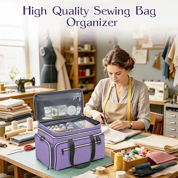 Anitor Sewing Supplies Organizer, Double Layer Sewing Storage Organizer | Two Detachable Dividers, Large Travel Sewing Bag Organizer with Shoulder Strap for Accessories (Bag Only) - Image 7