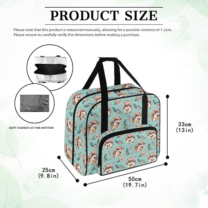 Sewing Machine Tote Bag Large Capacity Appliance Dust Storage Bag Versatile Travel Carrier Bag Portable Sewing Machine Organizer Bag, Hedgehog Flower Leaf Teal - Image 6