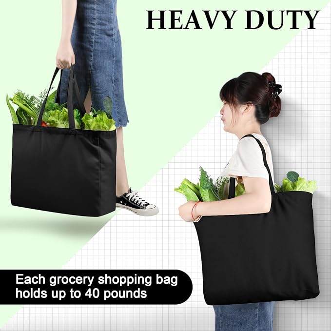 Reginary 12 Pack Canvas Grocery Bag Large Shopping Tote Bag,Black - Image 2