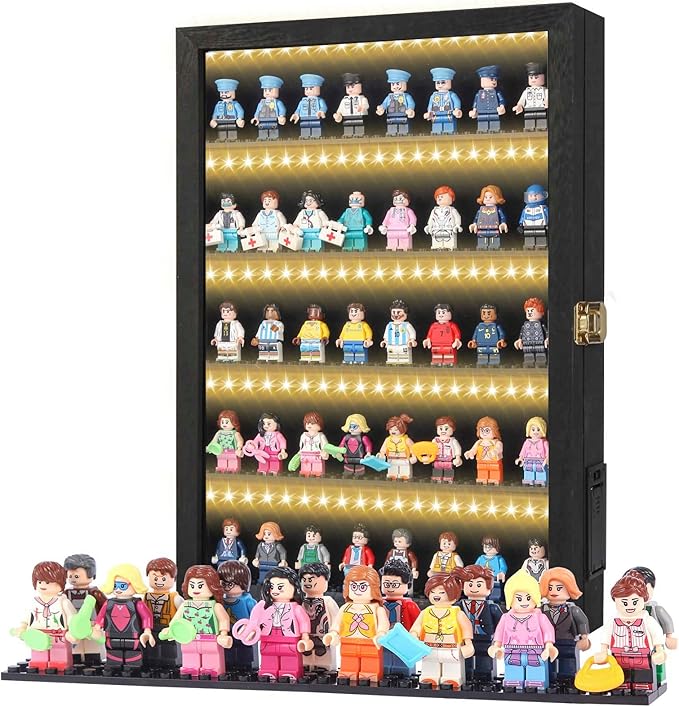 Minifigure Display Case – Black 16″ × 11″ × 2″ Showcase Cabinet with LED‑Lit Shelves, Mini Figurines Display Case with Built‑in Feet, Battery‑Powered, Cord‑Free Collection Display