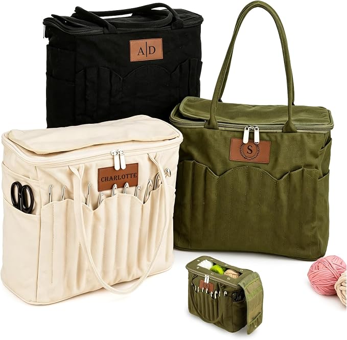 Phexilo Personalized Knitting Bag with Name Leather Patch, Canvas Yarn Bag | Canvas Crochet Organizer with Multiple Pockets and Yarn Holes, Knitting Bag for Crochet Lovers, Mom, Grandma, Birthday Gifts by Unknown