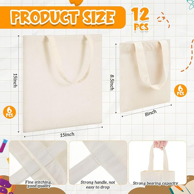 Amylove 12 Pcs Mini Canvas Tote Bags,15 X 15 Inch,8.5 X 8 Inch,Natural Color - Image 4