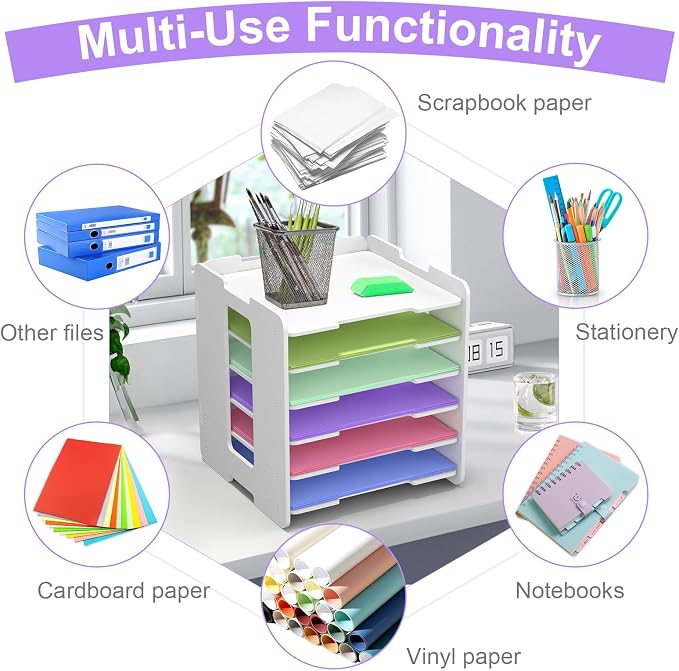 12x12 Paper Organizer, 6 Tier Stackable Scrapbook Paper Storage | Holds 12x12 scrapbook paper, cardstock, and craft supplies with 6 compartments for organized desks, craft rooms, and studios - Image 2
