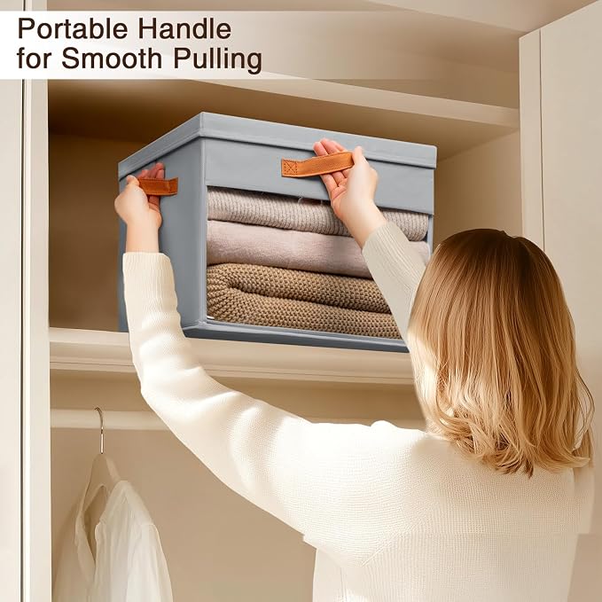 Large Storage Bins with Lids - 4 Pack Foldable Decorative Organizers with Clear Windows & Handles, Cube Storage Organizers for Clothes, Blankets, Sweaters, Sheets, Grey - Image 3
