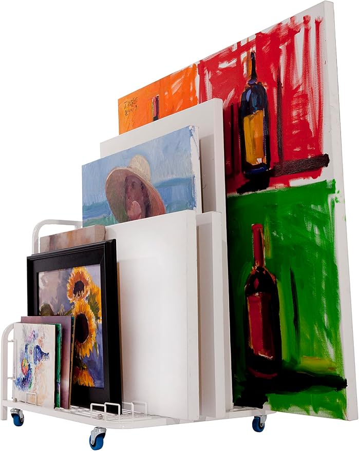 Dryden Art Canvas Storage Rack & Frame Keeper, Mobile Cart, Large Floor Model with Casters and Handle - 33" x 25.5" x 30.5" - White - Image 6