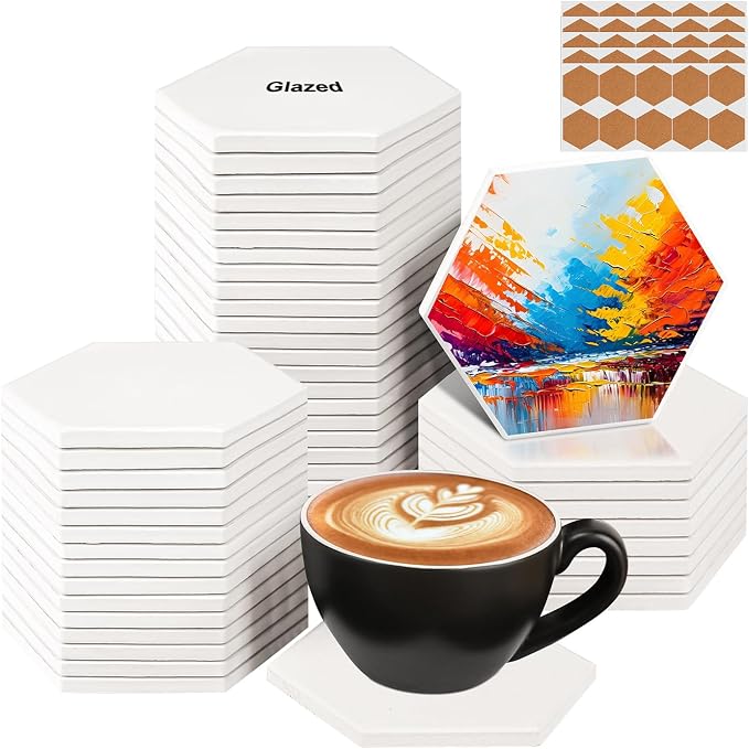 50 Pack 4 inch Hexagon Sublimation Ceramic Tiles for Crafts, Sublimation Ceramic Coasters Tiles with Cork Backing Pad, Perfect for DIY Crafts and Sublimation Projects(Glazed) by IHDYPPEW