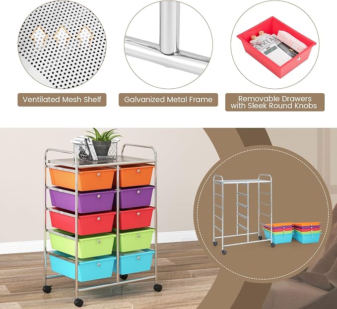RELAX4LIFE Rolling Storage Cart with 10 Drawers - Craft Storage Cart with Lockable Wheels,Utility Cart, Art Cart Organizer for Crafting Storage, Studio, Office, Home, School Rolling Drawer Cart - Image 5