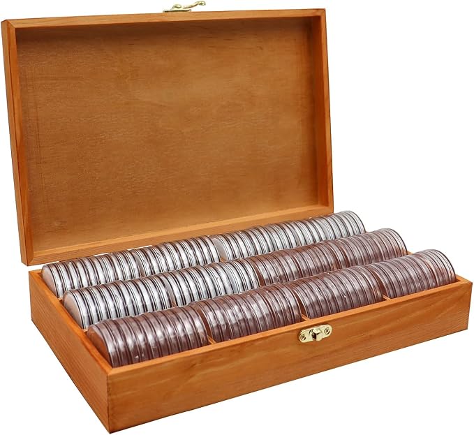 20-46 mm Wooden Coin Holder, 120 Pcs Highly Transparent Coin Capsules with Foam Gasket, Coins Collector Case Holder, Professional Coin Storage Case Box for Coin Collection (Bronze) by Dnoifne