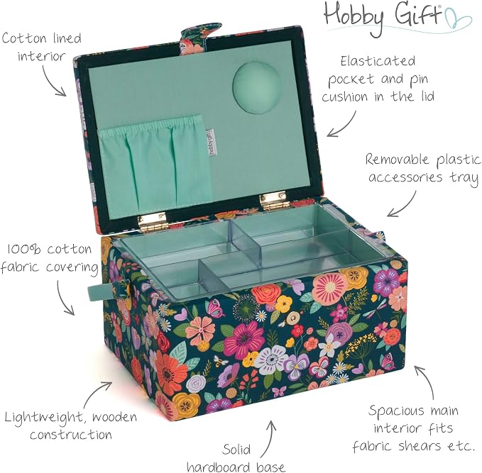 Hobby Gift Medium Sewing Box Organiser, Fabric Covered Storage Box with Handle, Internal Tray, Pin Cushion and Pocket for Sewing, Quilting and Knitting Supplies - Image 3