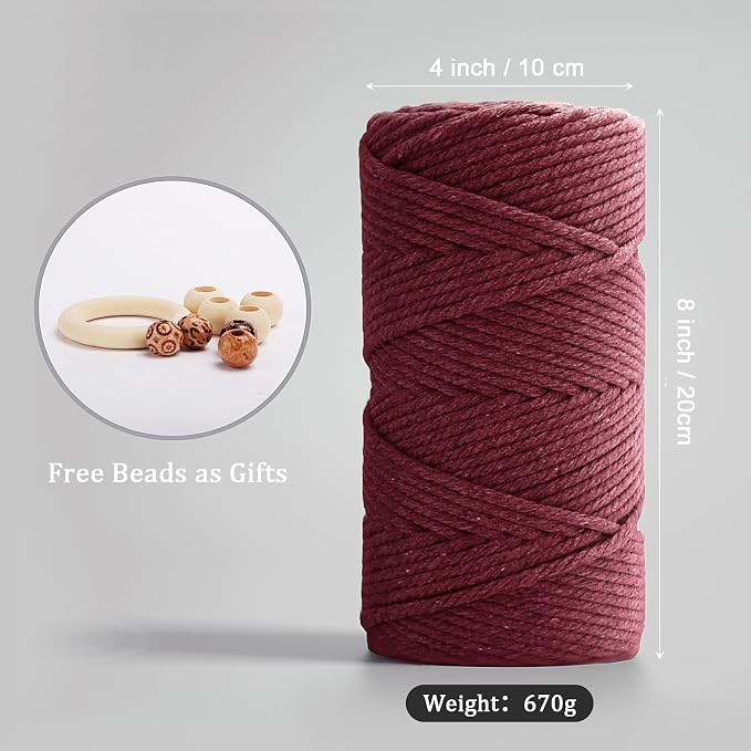 ZUEXT Macrame Cord, Red Wine, 5mm x 109yds Cotton String Macrame Yarn | 100% Natural Handmade, 4 Strands Twisted Cotton Rope, For Wall Hanging Plant Hangers Gift Wrapping Tapestry DIY Crafts, 100m - Image 2