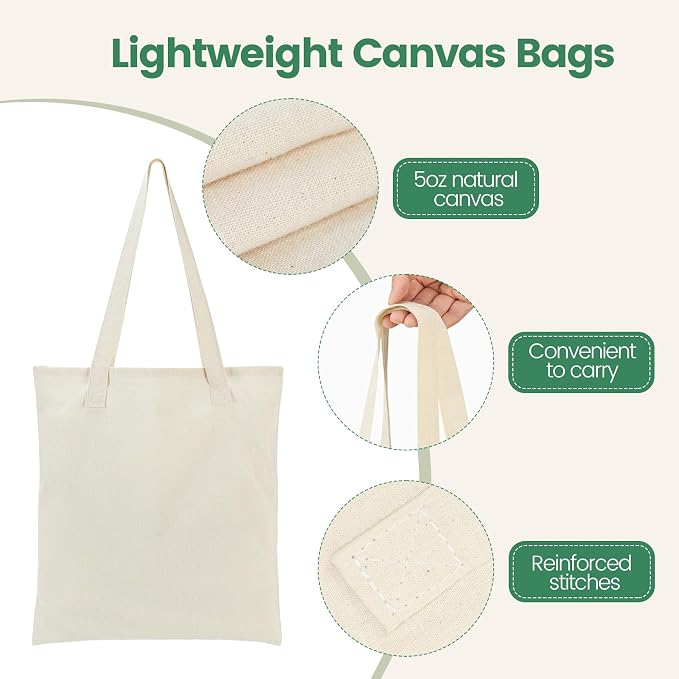 Carbrea 12 Pack Thin Canvas Tote Bags Bulk, Reusable Grocery Bags - Beige | Lightweight, 5oz Natural Canvas, Reinforced Stitches, Blank Design, Ideal for Shopping DIY Sublimation Activity Gift - Image 5