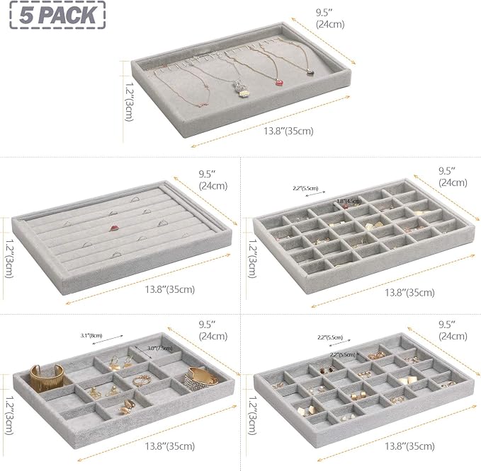 DIOMMELL 5 Pack Stackable Velvet Jewelry Trays Organizer, Jewelry Display Storage Box Showcase Holder Dresser Drawer Organizer for Earring Necklace Bracelet Ring Accessary, Grey - Image 2