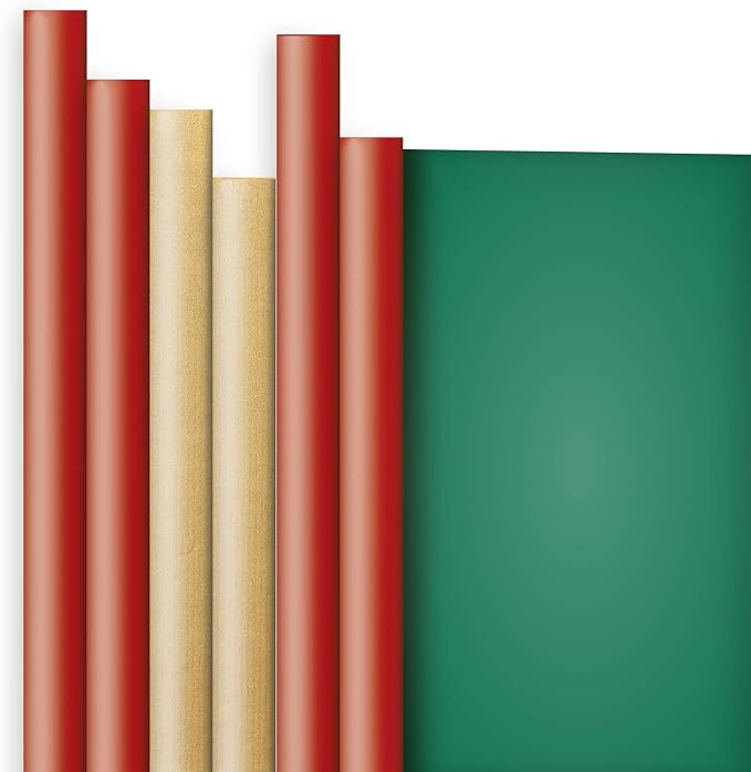 Jillson Roberts 6 Roll-Count Solid Color Wrapping Paper, Double-Sided Kraft Red and Gold/Gold and Silver/Red and Green by JillsonRoberts