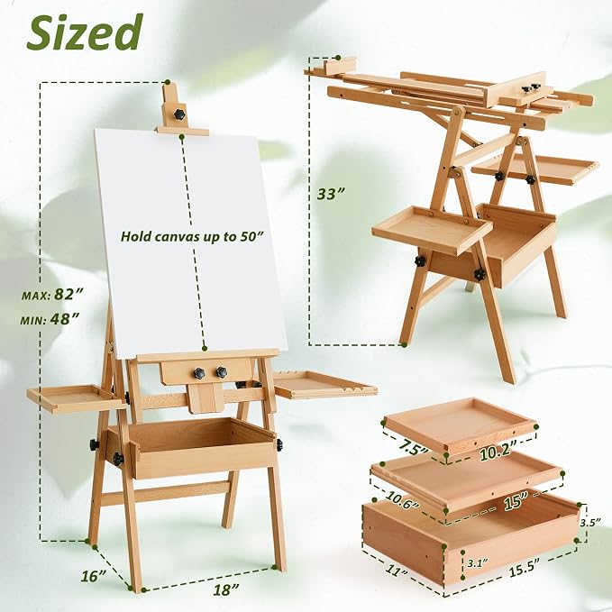 Multi-Function Beech Wood Art Easel for Painting, Flat Desk Easel Stand | Foldable & Adjustable Paint Easel Standing, H-frame Wooden Painting Easel Stand with Storage Box for Adults Artist Studio - Image 2