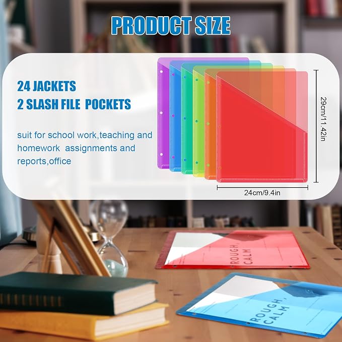 Seajan 24 Pcs Pocket Folders for 3 Ring Binder Clear Plastic Folders Sleeves with 2 Pockets 3 Hole Punch Binder Dividers Poly Slash File Jackets for Office School Document Organizer (Multicolor) - Image 2