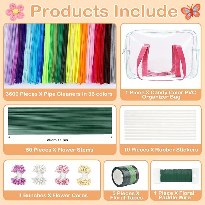 3600 Pcs Pipe Cleaners Craft Bulk Multi-Color Chenille Stems Art Supplies with 50 Flower Stems 5 Tape 10 Glue and 4 Stamens for DIY Arts and Crafts Projects Flowers Decorations (36 Colors) - Image 4