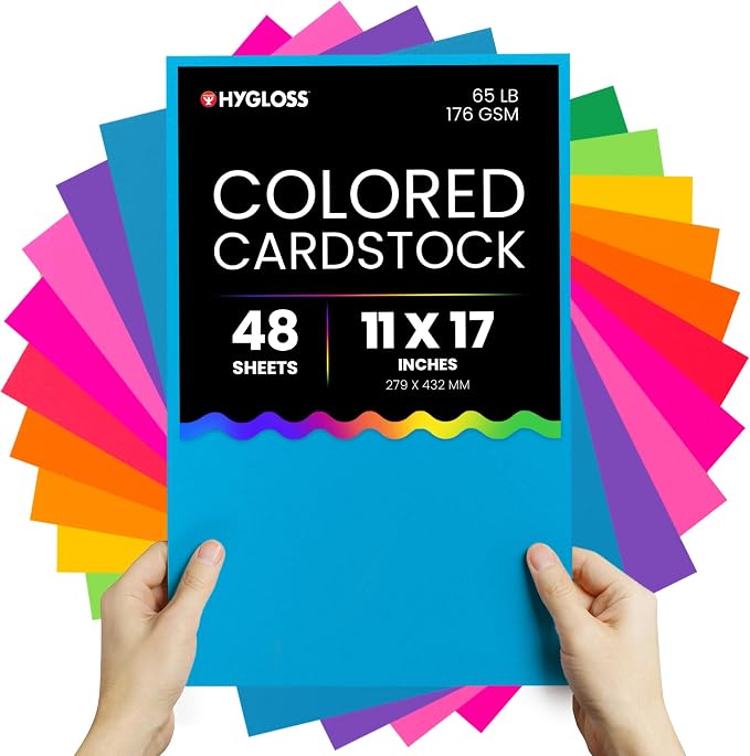 Hygloss Bright Colored Cardstock - 11x17-Inch, 12 Assorted Colors, 48 Sheets, 65 lb/ 176 gsm, Fade-Resistant, Acid-Free Color Card Stock Paper by HyglossProductsInc
