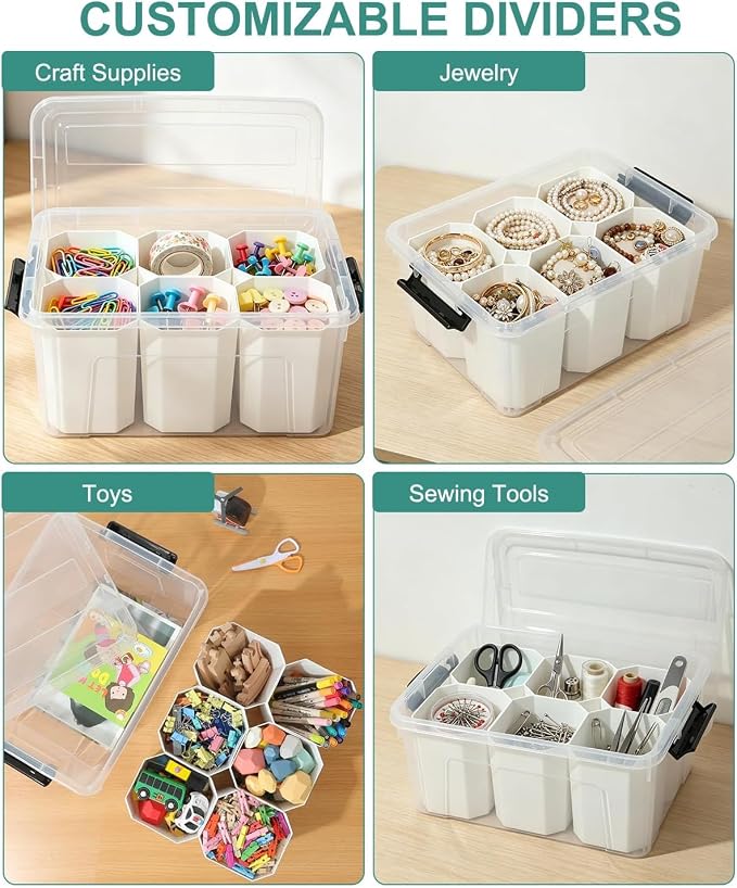 NUMIFUN 17QT Clear Storage Bins with Lids & Dividers for Crafts | Stackable 17-quart transparent box featuring 6 tall removable inserts. Perfect for organizing crafts, tools, toys & crayons - Image 4