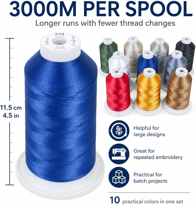 Simthread 10-Color 5500Yds Each 40WT Polyester Embroidery Thread Set | 10-color set with large 5500Yds spools feeds smoothly with stable 40WT polyester thread for home and commercial machines. - Image 3
