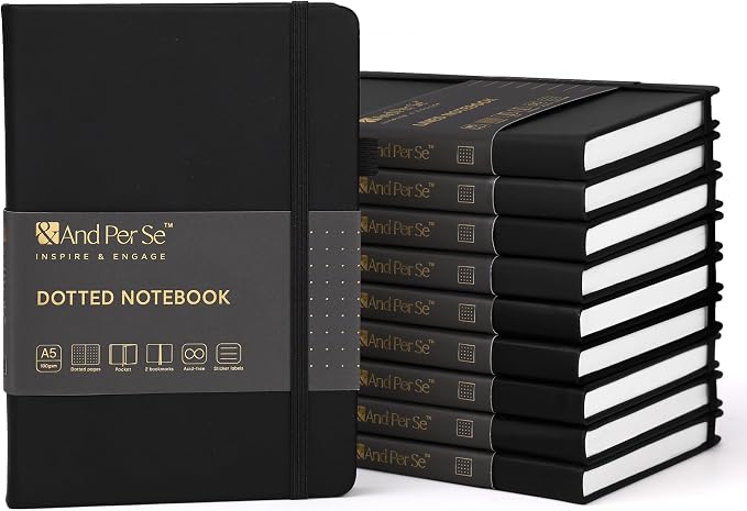 &And Per Se 10-Pack Dotted Notebooks, A5 Hardcover Dotted Journal Set, 160 Pages, 100gsm Paper, Office Supply Bulk Order, Corporate Workshop Materials – 3 Sticker Sheets Each (Black) by AndPerSe