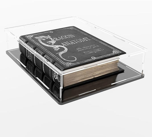 Acrylic Display Case for Books and Medals, Versatile Clear Acrylic Display Box with Black Base for Badges, Coins and Cards, 10.6x8x2.4-inch