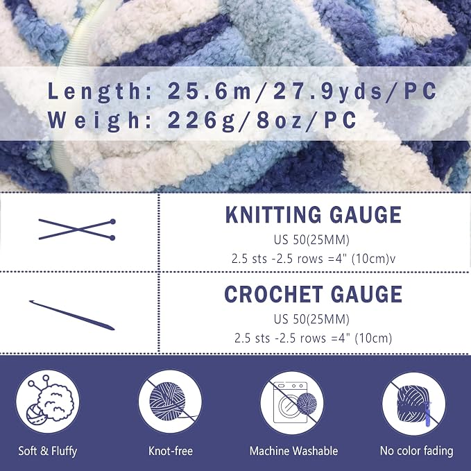 8 Pack Giant Chunky Yarn for Crocheting/Hand Knitting, Extra Thick Blanket Yarn, Colorful Fluffy Plush Fuzzy Chenille Yarn-1 Pack of 8oz-(Blue,Light Blue,White) - Image 4