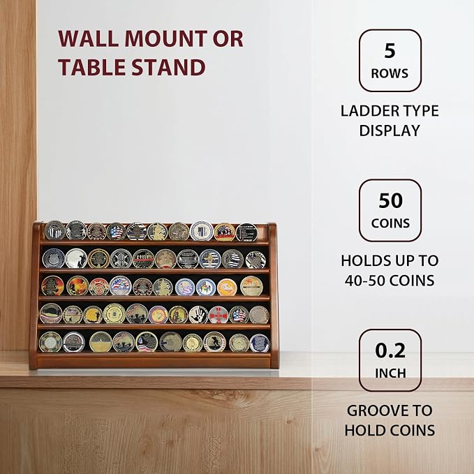 ASmileIndeep 5 Rows Challenge Coin Holder Display Stand Holds 50 Coins for Wall Mount or Tabletop, Solid Wood Military Coin Rack Display Case for Collectibles, Walnut - Image 3