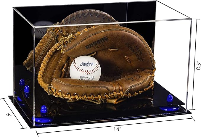 Better Display Cases Acrylic Baseball Catchers Glove Display Case with Mirror Case, Dark Blue Risers and Black Base (A011/V16)