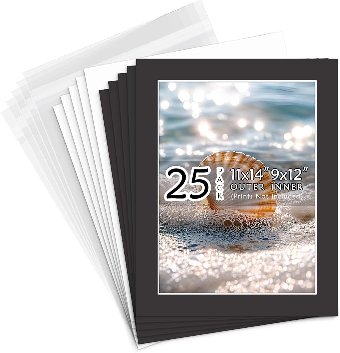 Golden State Art 25 Pack Black Mat 11x14 for 9x12 Photo Matte+Backings+Bags | Acid-Free,4-Ply Thick,Pre-Cut Kit Mattes,White Core,Bevel Cut,For Photos, Pictures,Artwork, Poster or Print Display by GoldenStateArt