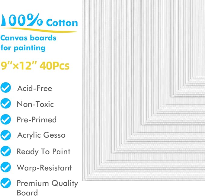 Canvas for Painting, 40pcs 9x12 Primed Bulk Painting Canvas Board for Kids and Adults, White Blank Canvas Panels for Acrylic Paint, Oil, Pour Art Supplies | for Kids and Adults, White Blank Canvas Panels for Acrylic Paint, Oil, Pour Art Supplies - Image 2