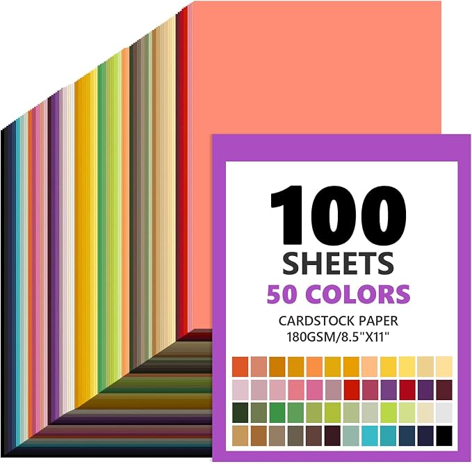 100 Sheets Colored Cardstock 8.5" X 11", 50 Assorted Colors(180GSM/65LB) | Construction Paper, for DIY Crafts, Card Stock Printer Paper, Thick Cardstock Paper for School Supplies, Party Decor by HABGP
